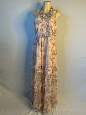 Trixxi Blush Pink Beaded Maxi Prom Dress Glitter Floral Juniors 13 Long 62”